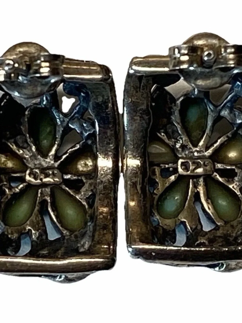 Vtg STH Sterling Silver Turquoise & Mother of Pearl Flower Slide Earrings Set